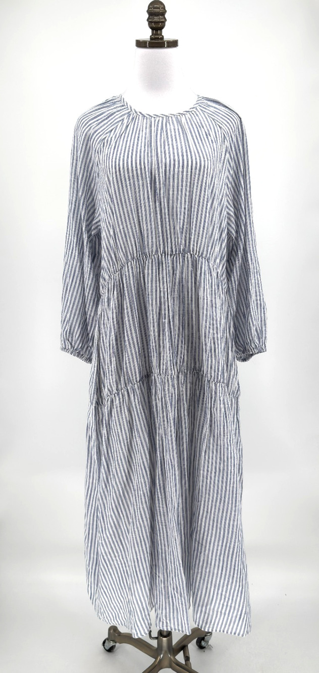 Sundry Blue White Striped Cotton Boho Long Sleeve Tiered Maxi Dress Sz 2/M